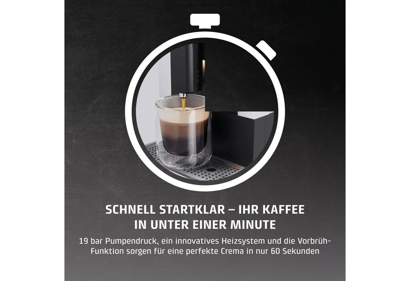 Caso Kaffeevollautomat Café Crema One, Praktische Sensor-Touch Steuerung, Edelstahl-Kegelmahlwerk schwarz|silberfarben