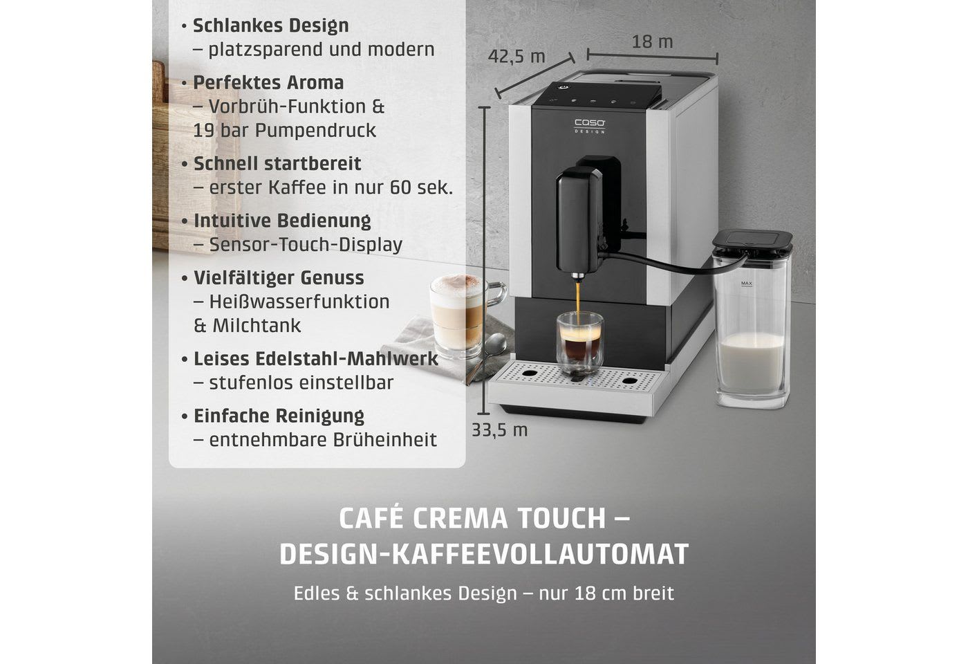 Caso Kaffeevollautomat Café Crema Touch, Herausnehmbare Brüheinheit, einfache Bedienung silberfarben