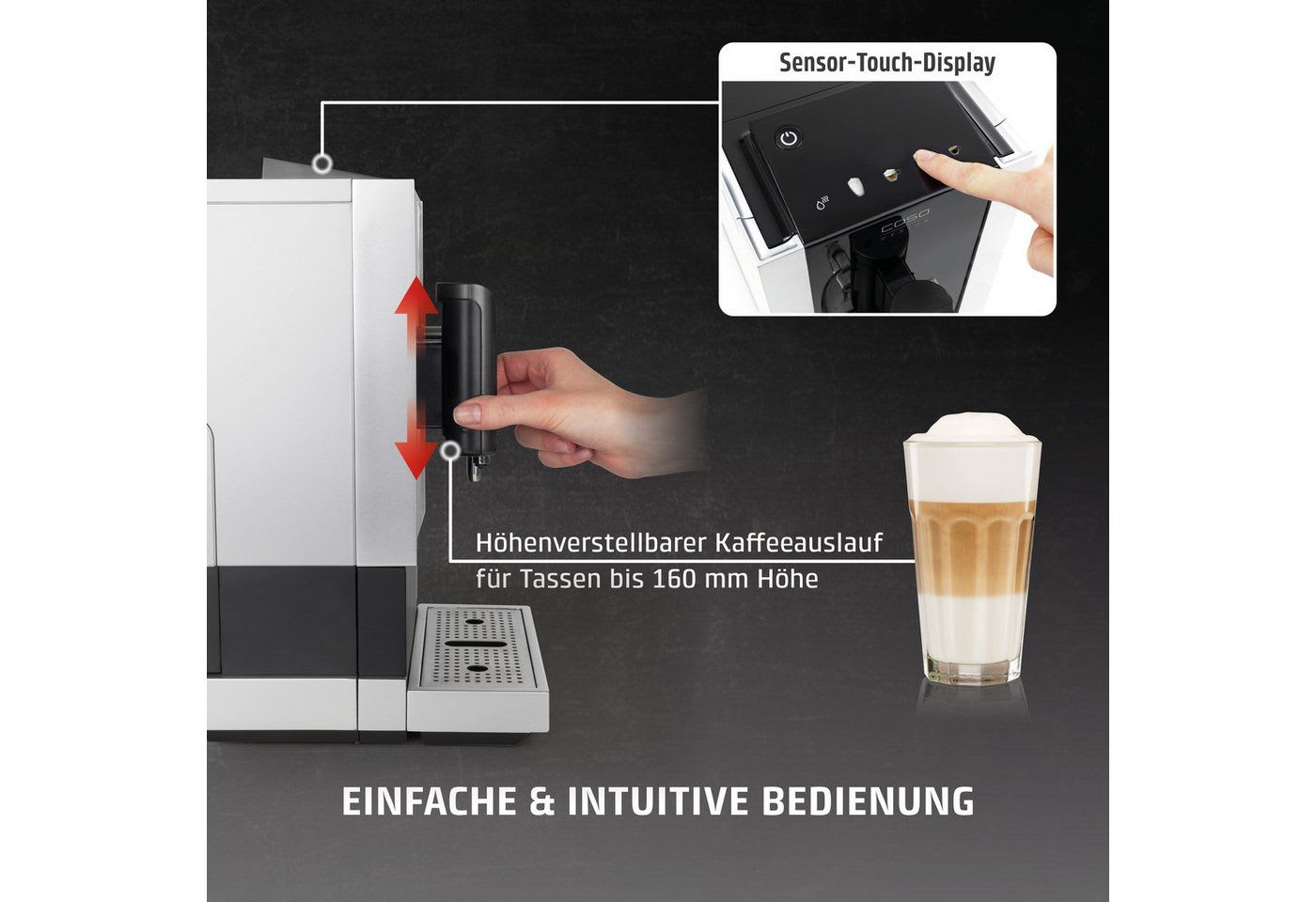 Caso Kaffeevollautomat Café Crema Touch, Herausnehmbare Brüheinheit, einfache Bedienung silberfarben