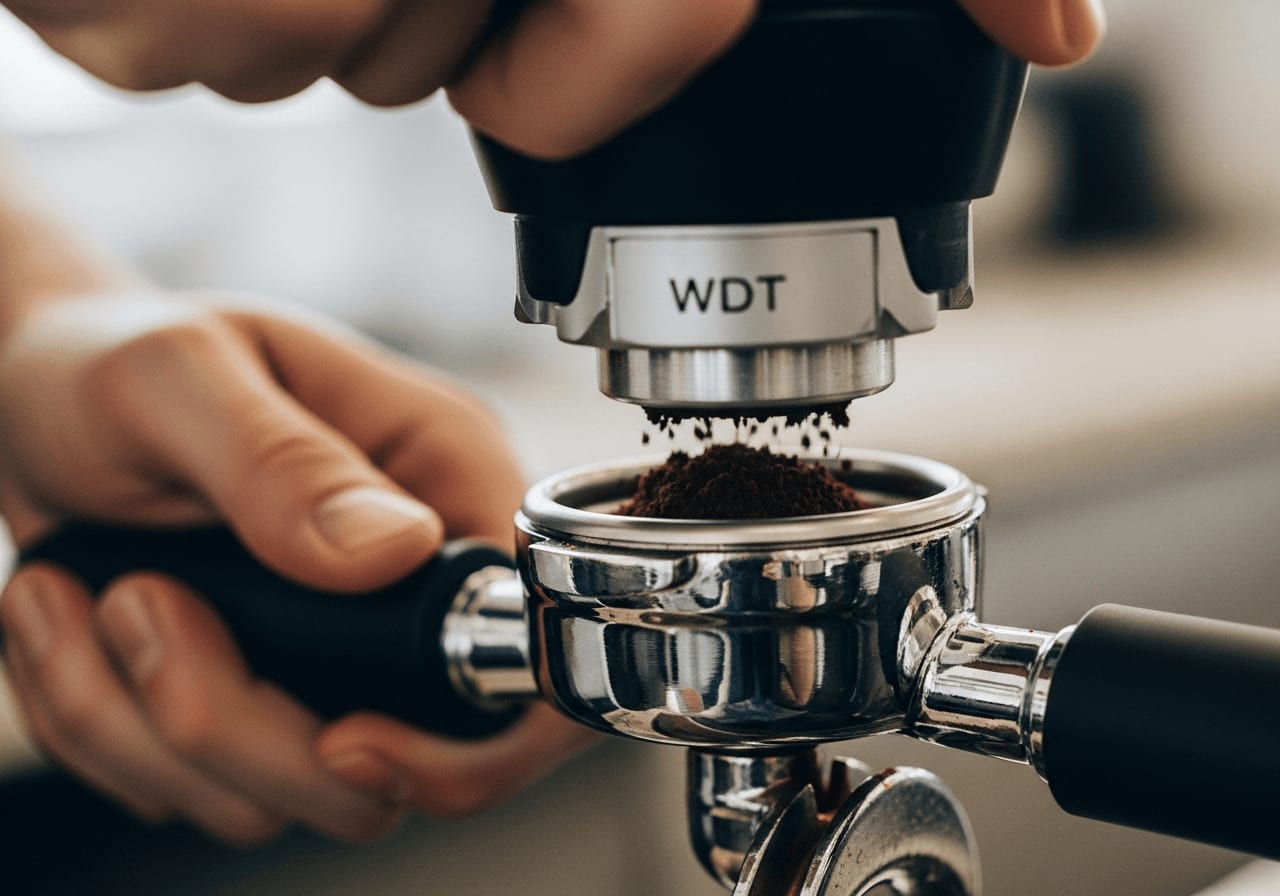 Close-up of a barista using a WDT (Weiss Distribution Technique) tool to declump and evenly distribute coffee grounds in a portafilter basket, before tamping.