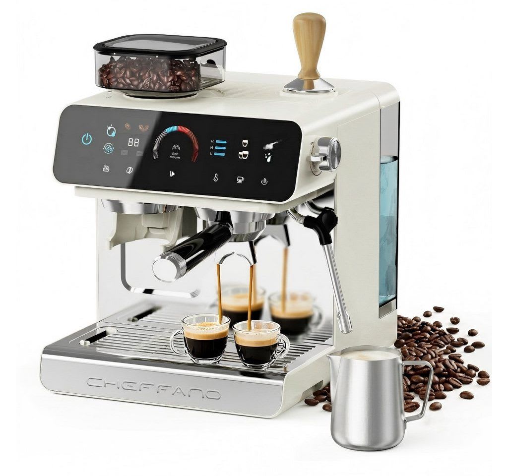 CHEFFANO Siebträgermaschine Espressomaschine 20 Bar mit integriertem Mahlwerk, 19 Mahlgradstufen, 1x4, 1350W, 20bar