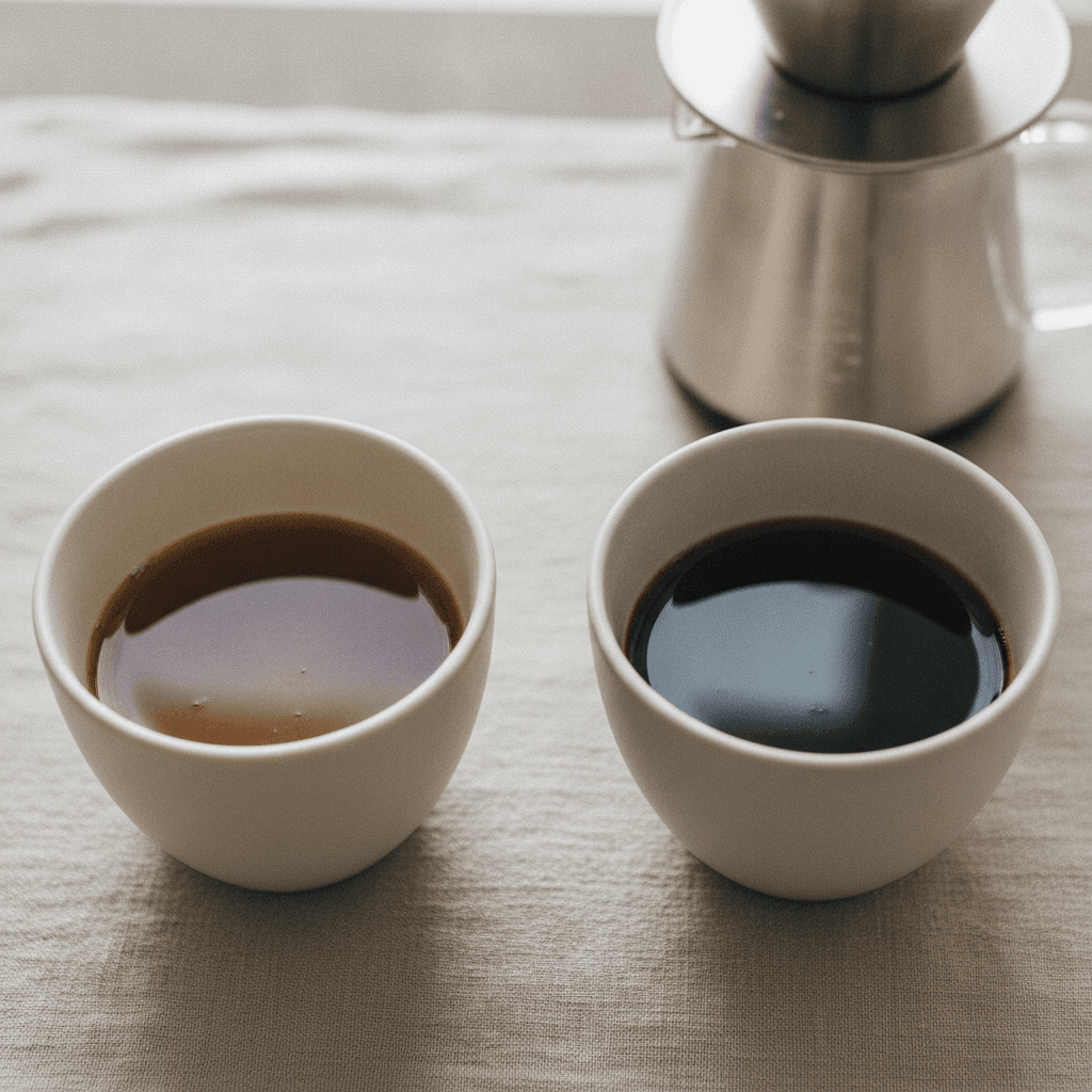 Zwei Tassen Filterkaffee, hell und dunkel