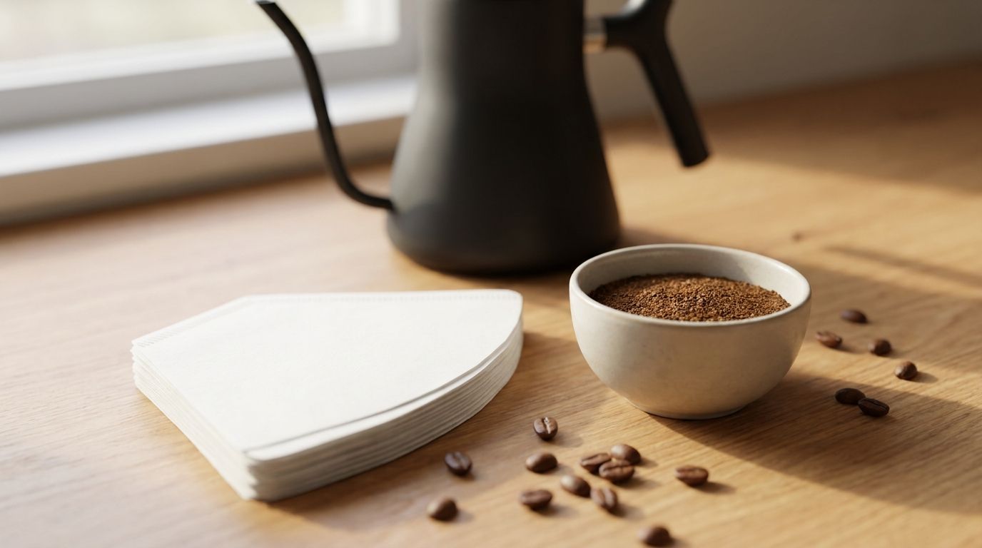 Papierfilter, gemahlener Kaffee und Wasserkessel auf der Küchentheke
