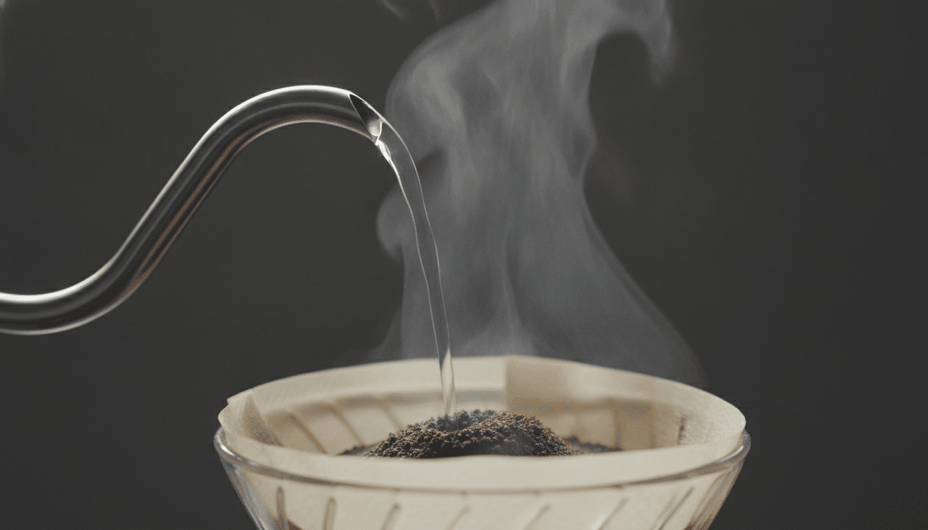 Heißes Wasser fließt auf Kaffeemehl im Papierfilter
