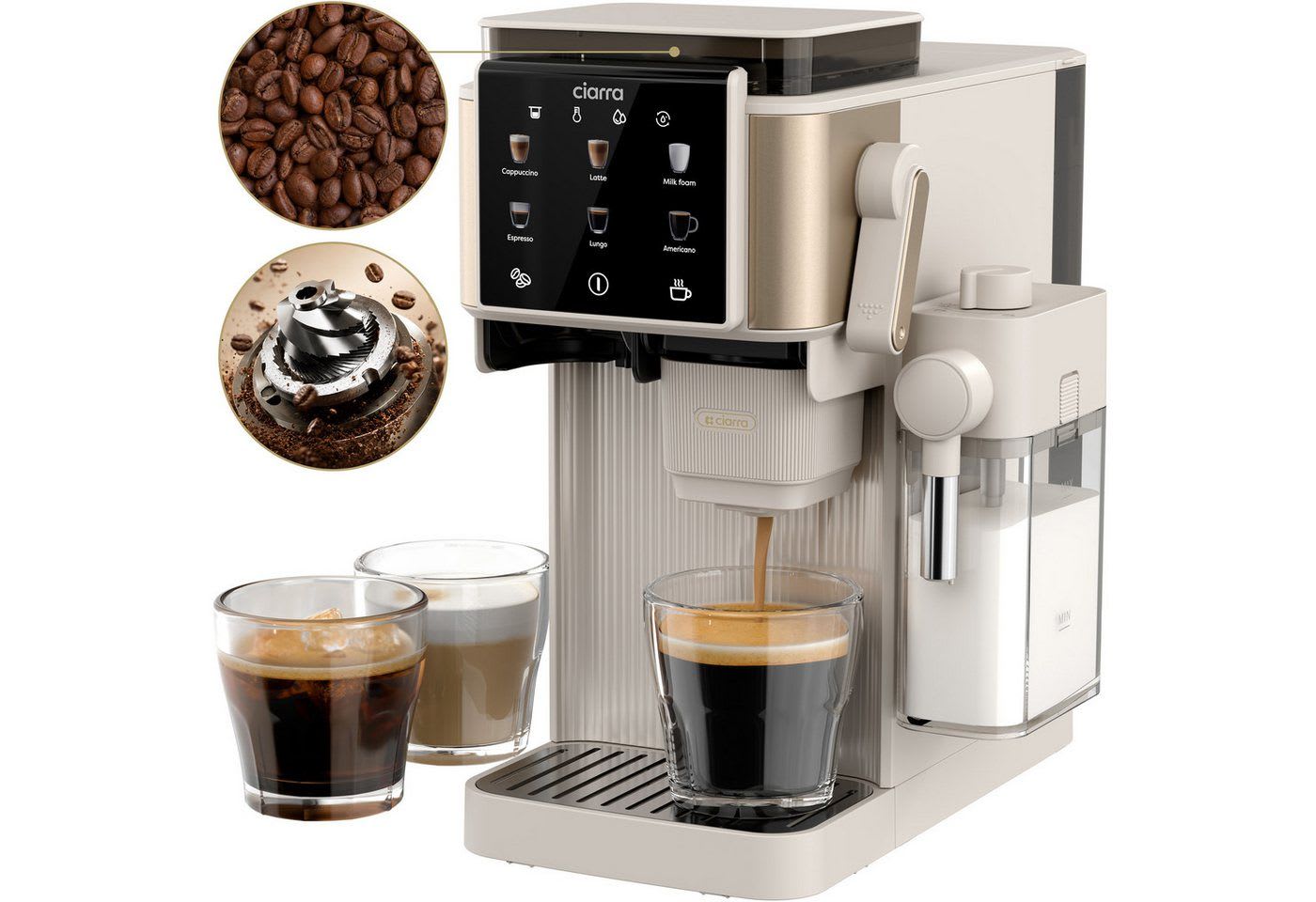 CIARRA Kaffeemaschine mit Mahlwerk Bohnen, Espressomaschine mit Milchaufschäumer(300 ml), 6 Kaffeeoptionen auf Knopfdruck, 15 Bar Pumpendruck CBSACM-D6, Touch-Displays mit 6 Mahlstufen, 1L Wassertank 