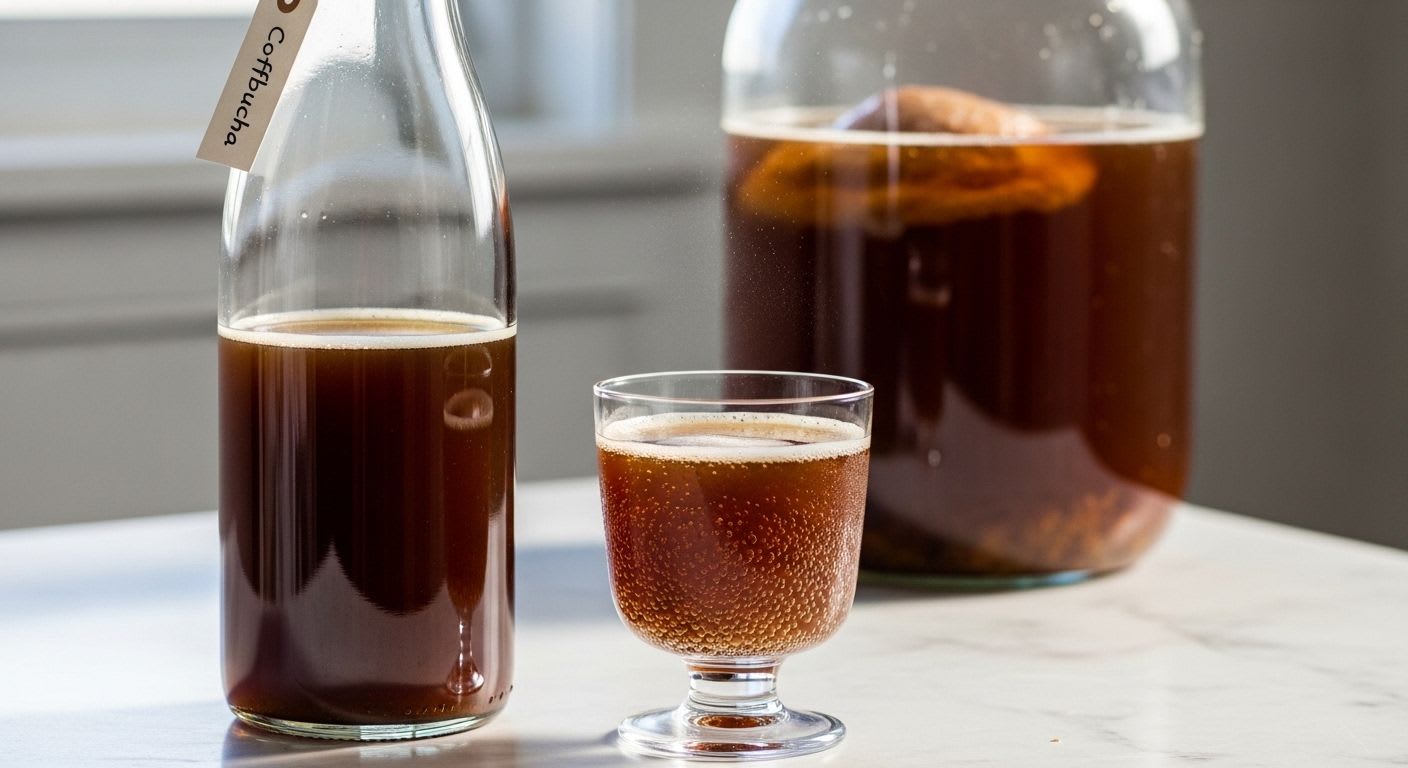 Flasche und Glas mit fertigem Coffbucha, dem fermentierten Kaffee, auf einer hellen Küchentheke. Im Hintergrund das Gärglas mit dem SCOBY.
