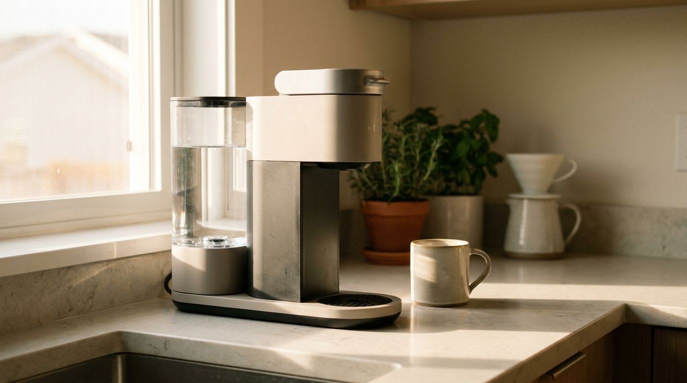 Die Coffee B Maschine steht einsatzbereit auf einer sauberen Küchenzeile, beleuchtet von sanftem Morgenlicht, eine Übersicht der Anleitung.