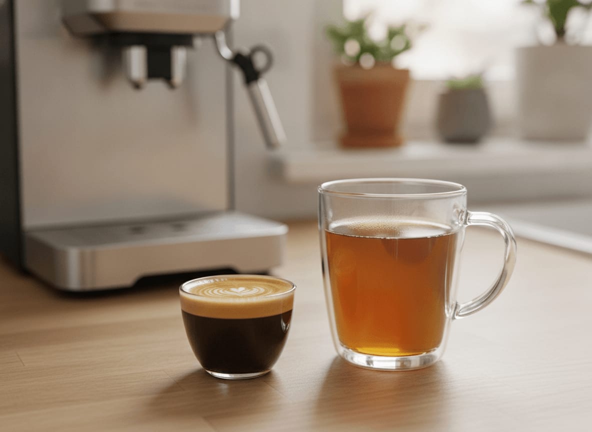 Zwei unterschiedlich große Tassen Kaffee, Espresso und Lungo, zeigen das Ergebnis der personalisierten Zubereitung mit der Coffee B Maschine.