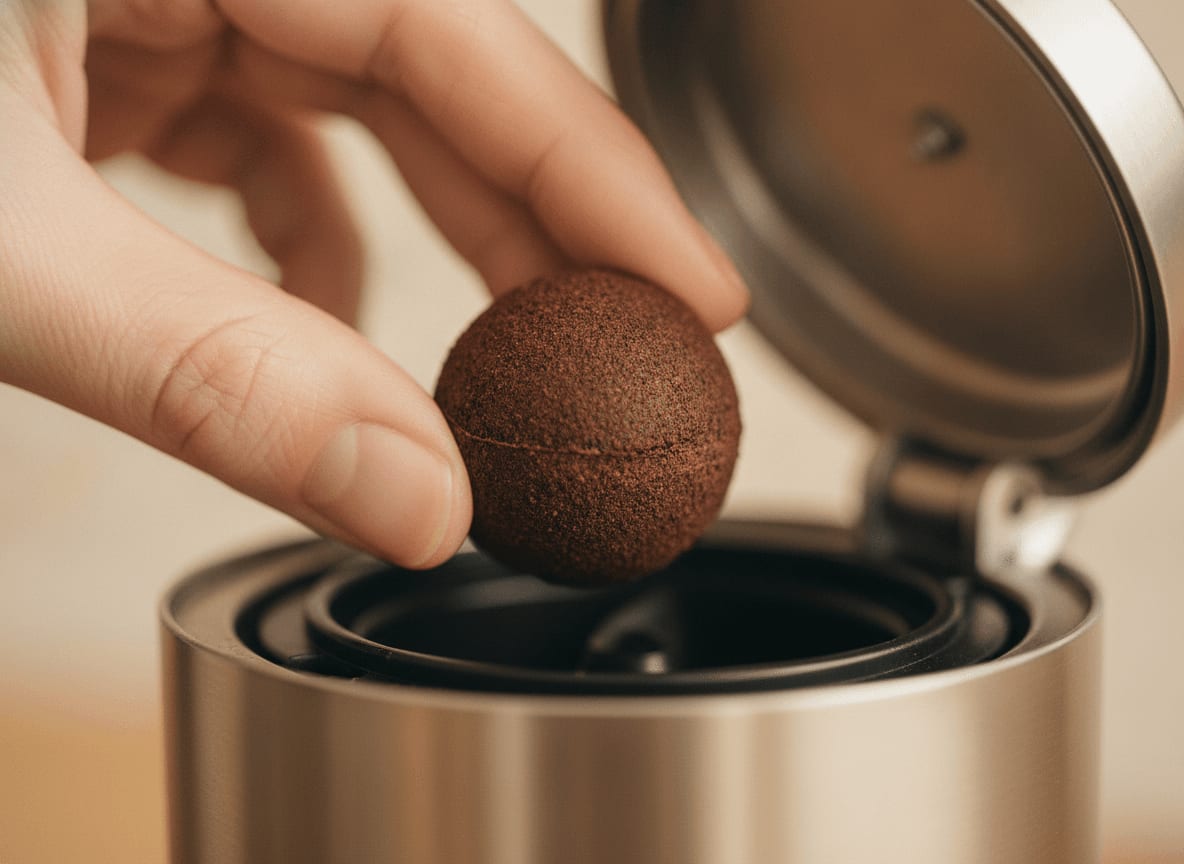 Nahaufnahme einer Hand, die einen kompostierbaren Coffee Ball in die Brüheinheit der Coffee B Maschine einlegt, Teil der Anleitung.