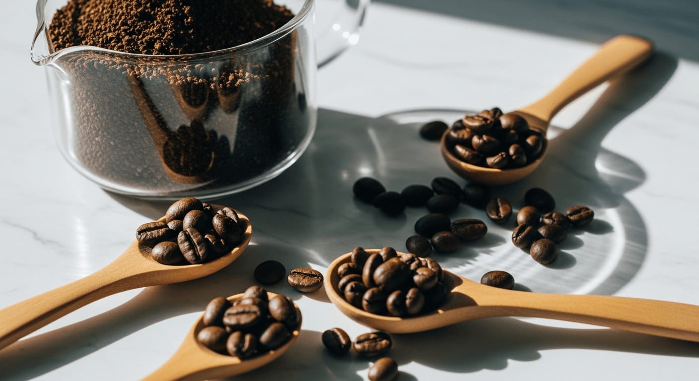Grob gemahlene Kaffeebohnen in einer Glaskaraffe zur Zubereitung von Cold Brew Konzentrat für das perfekte Mischverhältnis.