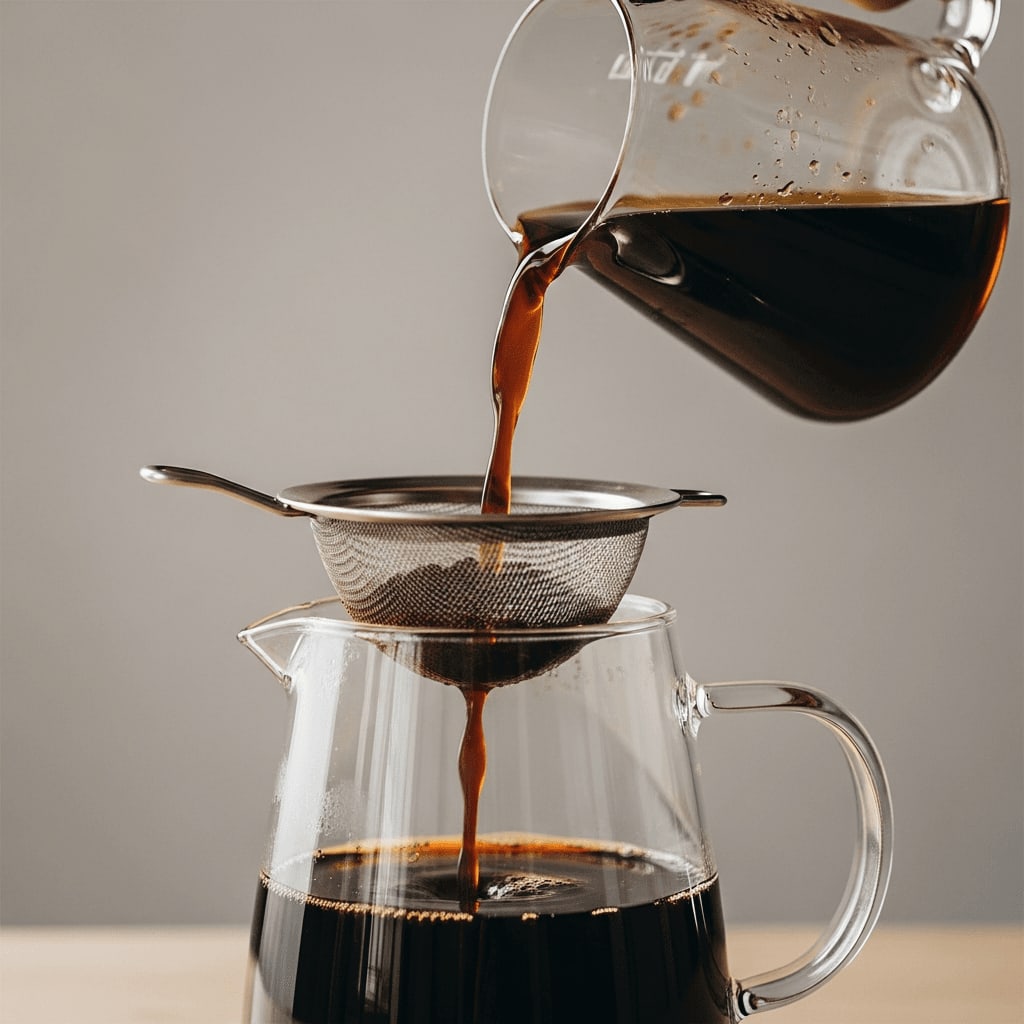 Dunkler Cold Brew Kaffee wird durch ein feines Metallsieb gegossen, um den Kaffeesatz für das Konzentrat herauszufiltern.
