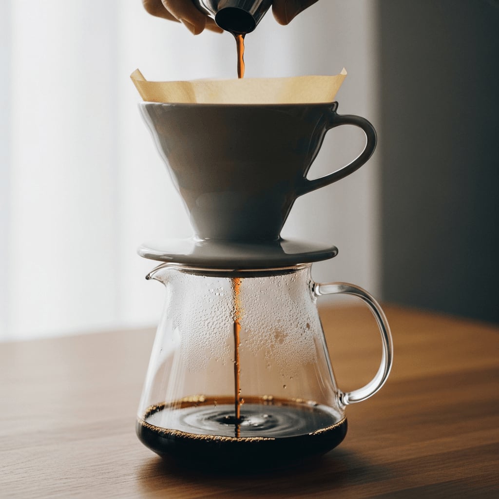 Das Cold Brew Konzentrat tropft durch einen nassen Papierfilter in einem Dripper für ein klares und reines Kaffee-Ergebnis.