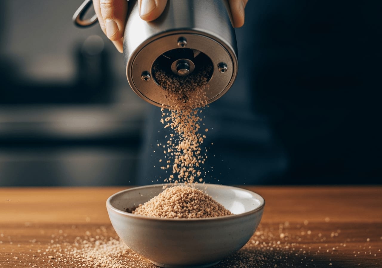 Eine Handmühle mahlt hell geröstete Kaffeebohnen zu einem sehr groben Mahlgrad für die Extraktion von Cold Brew Konzentrat.