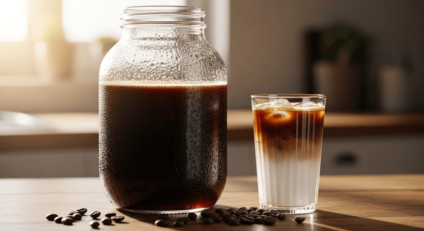Ein großes Glas mit dunklem Cold Brew Konzentrat neben einem fertigen Iced Latte auf einem rustikalen Holztisch.
