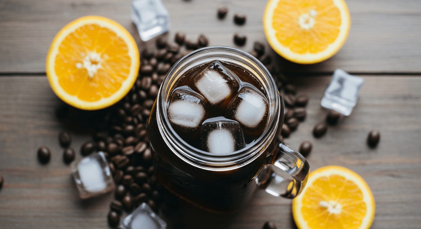 Draufsicht auf ein Einmachglas gefüllt mit Cold Brew Kaffee, umgeben von Kaffeebohnen, Eiswürfeln und Orangenscheiben, rustikaler Holzuntergrund
