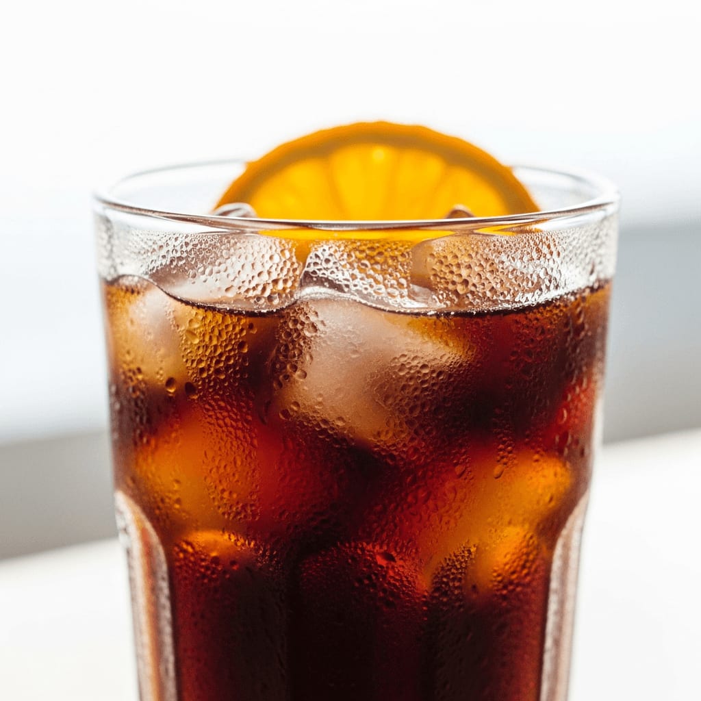 Nahaufnahme eines Glases Cold Brew Kaffee mit Eiswürfeln und einer Orangenscheibe, Kondensation am Glas, heller Hintergrund