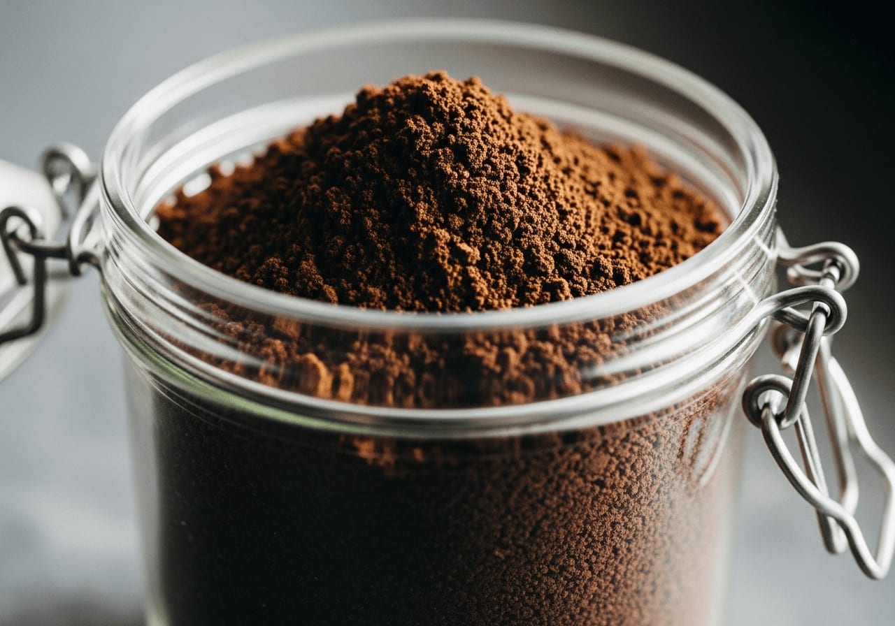 Close-up of coarse ground coffee in a glass jar, ready for Cold Brew preparation, natural light
