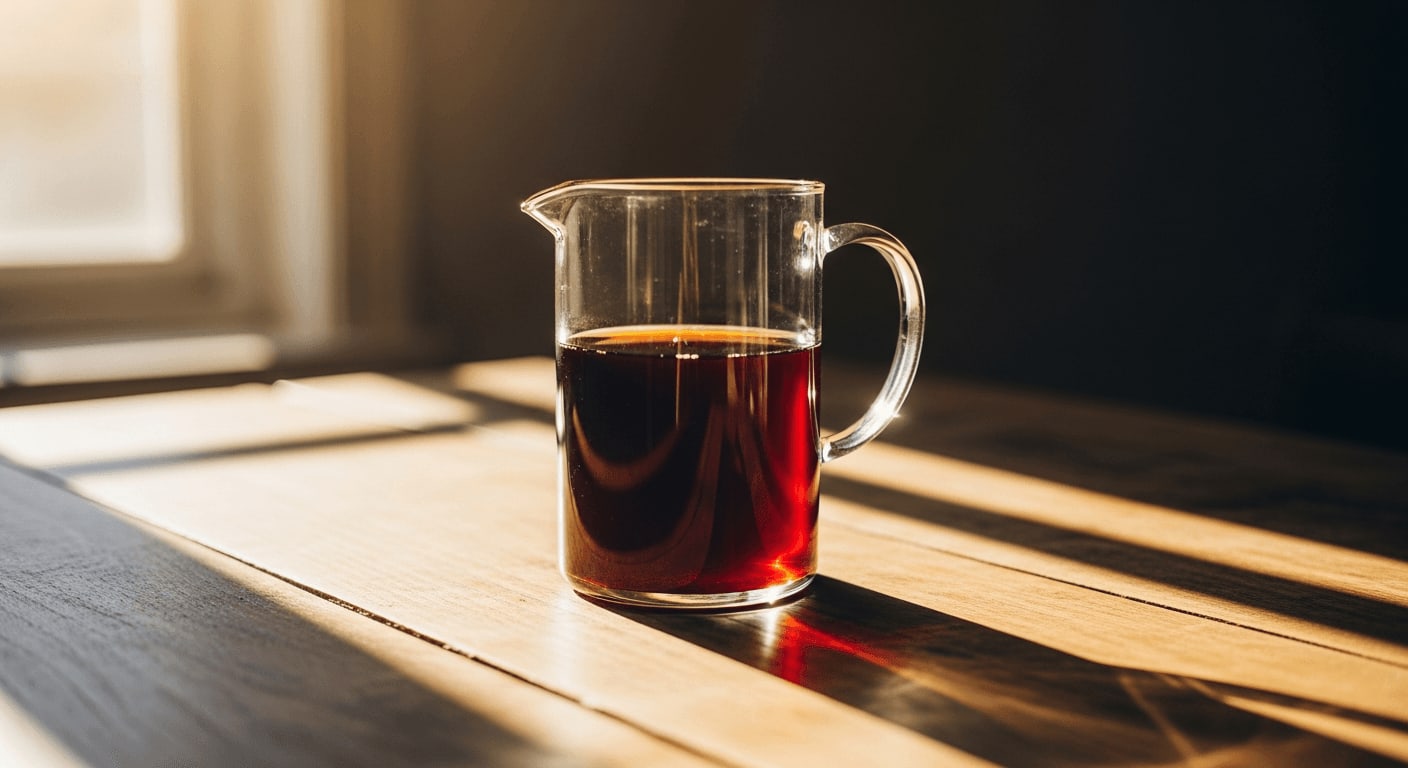 Glaskrug mit dunklem Cold Brew Kaffee auf rustikalem Holztisch, Sonnenlicht erzeugt lange Schatten