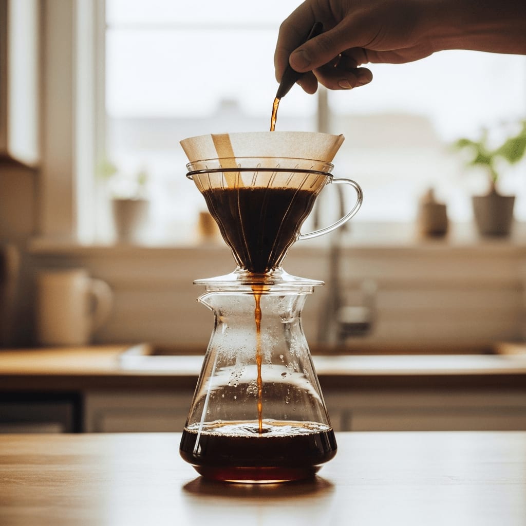 Filtern von Cold Brew Kaffee durch einen Papierfilter in eine Glaskaraffe, heller Küchenhintergrund