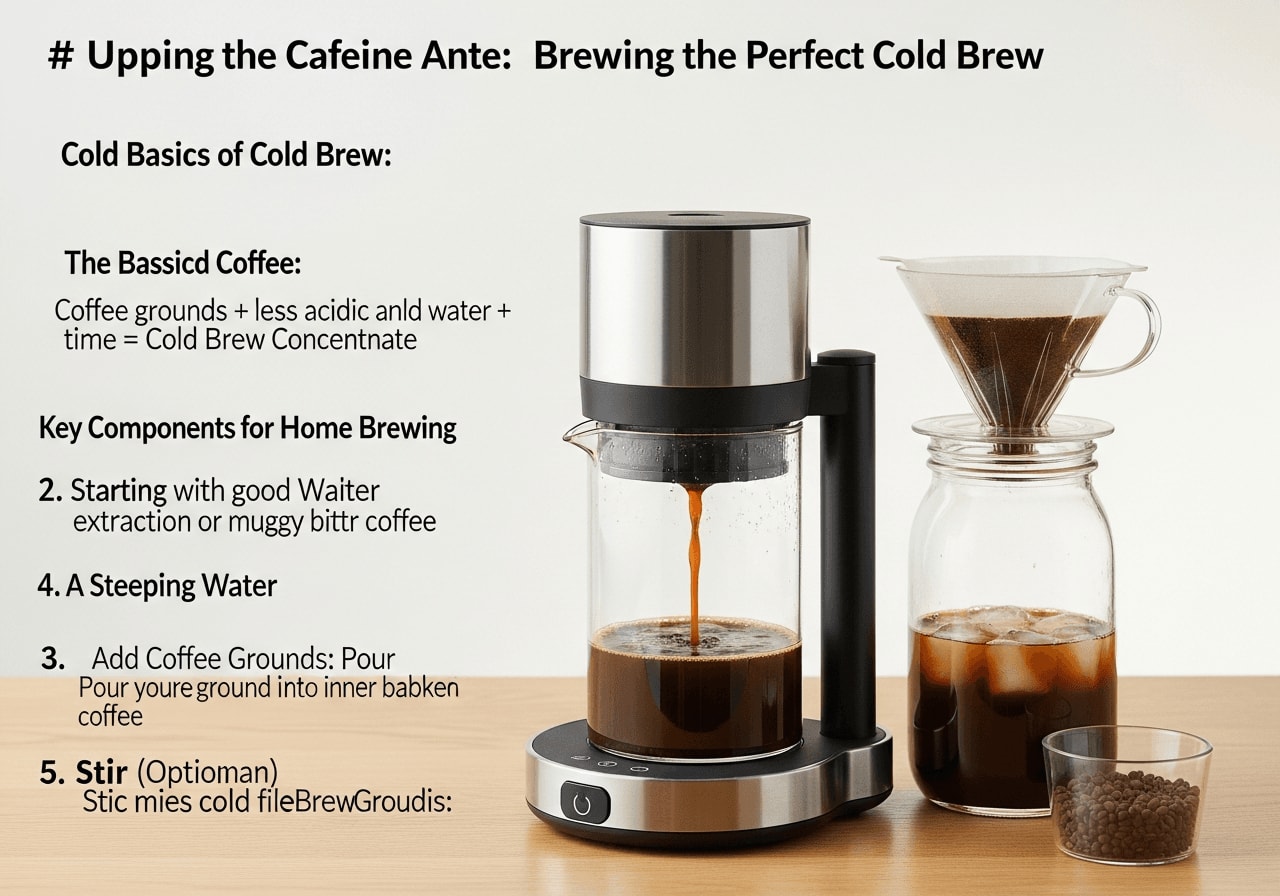 Transparenter Cold Brew Maker mit Kaffeepulver, das darin zieht, auf einem rustikalen Holztisch platziert, weiches diffuses Licht