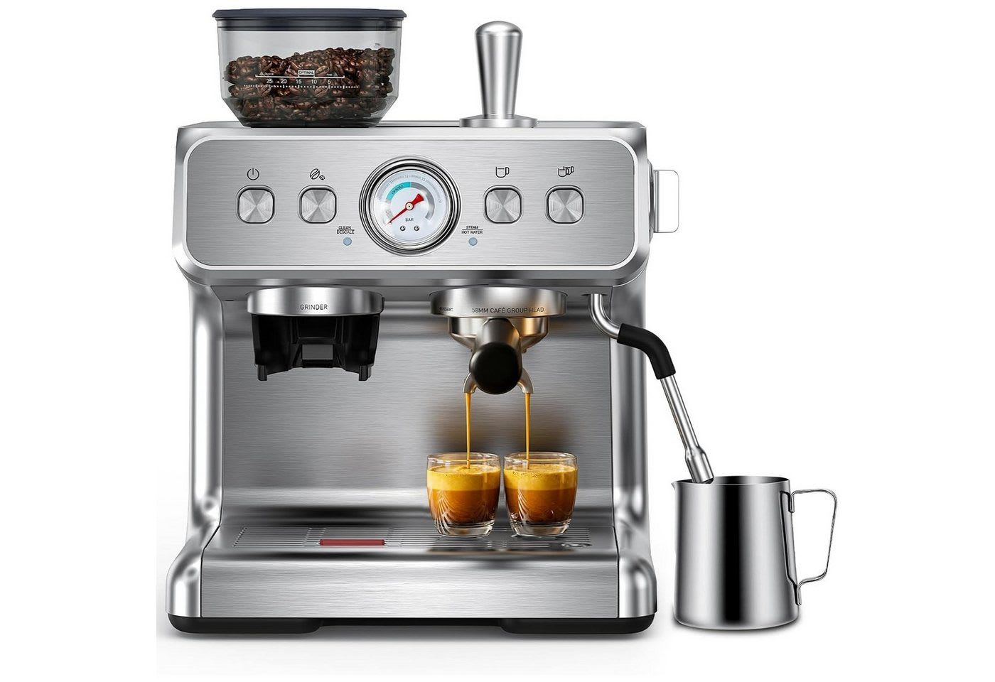 COWSAR Espressomaschine Kaffeemaschine mit integriertem Kegelmahlwerk,30 Mahlgradeinstellungen,PID-Temperaturregelung, Manometer, Edelstahl-Espressomaschine mit Tassenwärmer