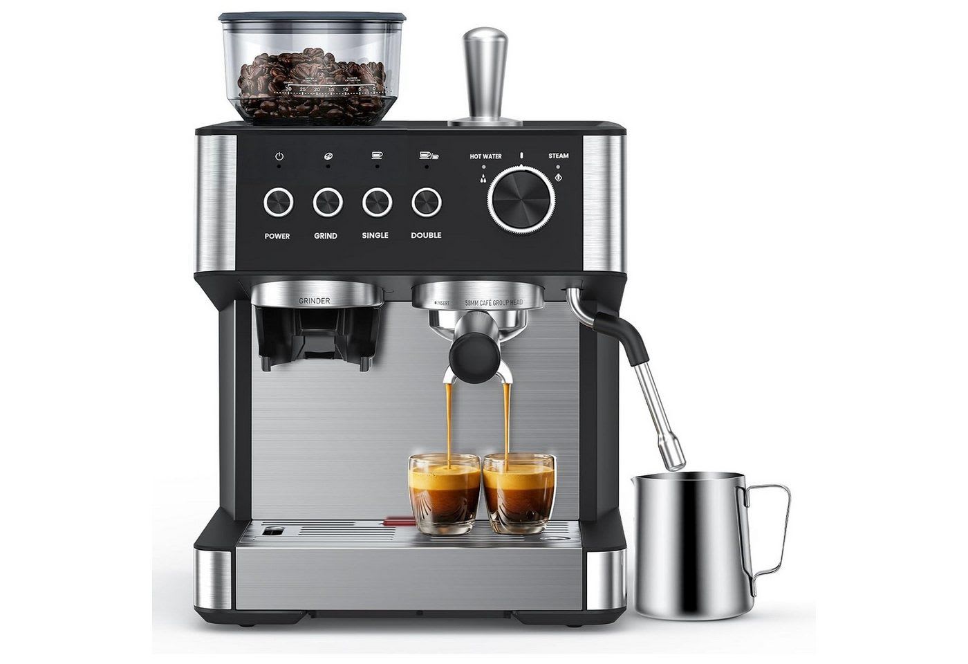 COWSAR Espressomaschine mit Mahlwerk & Milchaufschäumer, 15 Bar Pumpendruck, 30 Mahlgrade, Schnellaufheizung, 2,5L Wassertank, Für Espresso, Cappuccino