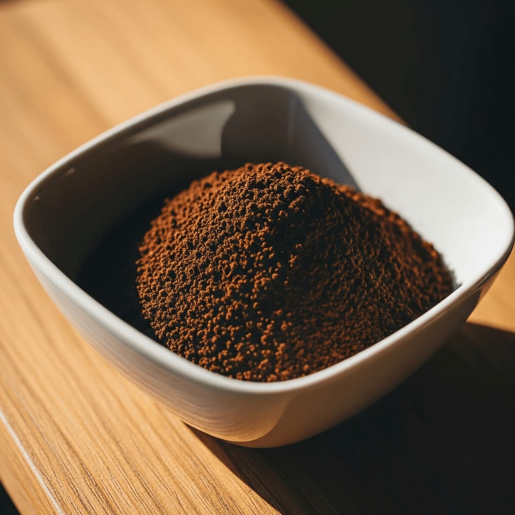 Grob gemahlener Kaffee in einer weißen Schale zur Bewertung des Trockenduftes beim Cupping