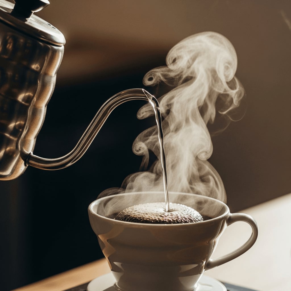 Heißes Wasser wird aus einem Schwanenhalskessel in eine Cupping-Schale mit gemahlenem Kaffee gegossen