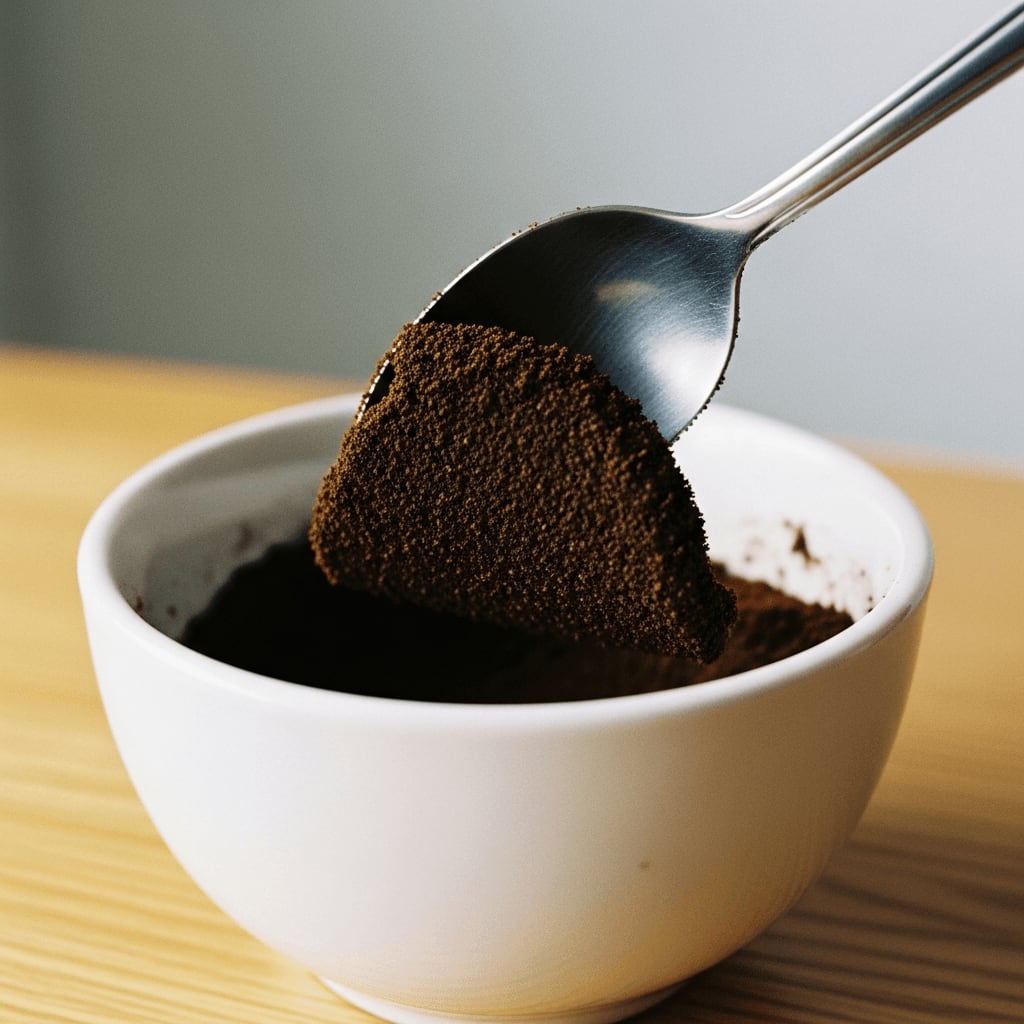 Ein silberner Löffel bricht die Kruste des Kaffees in der Schale beim professionellen Kaffee Cupping