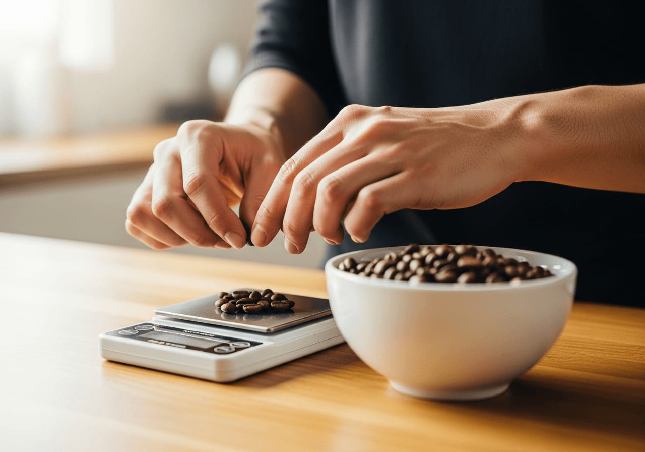 Kaffeebohnen für das Kaffee Cupping werden auf einer kleinen Digitalwaage neben einer weißen Schale abgewogen