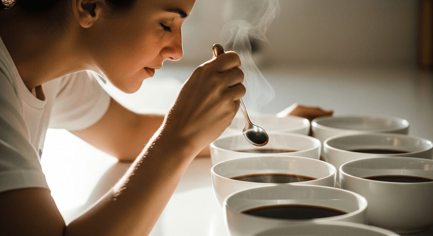 Person beim Kaffee Cupping Zuhause, die Kaffeesorten professionell mit einem silbernen Löffel verkostet und bewertet