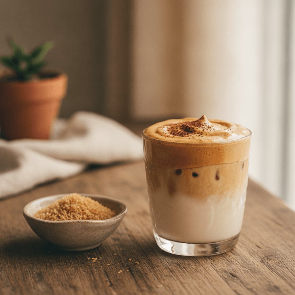 Eine Variante des Dalgona Kaffee Rezepts mit Kokosblütenzucker, was dem Schaum eine dunklere Farbe und Karamellnote verleiht.