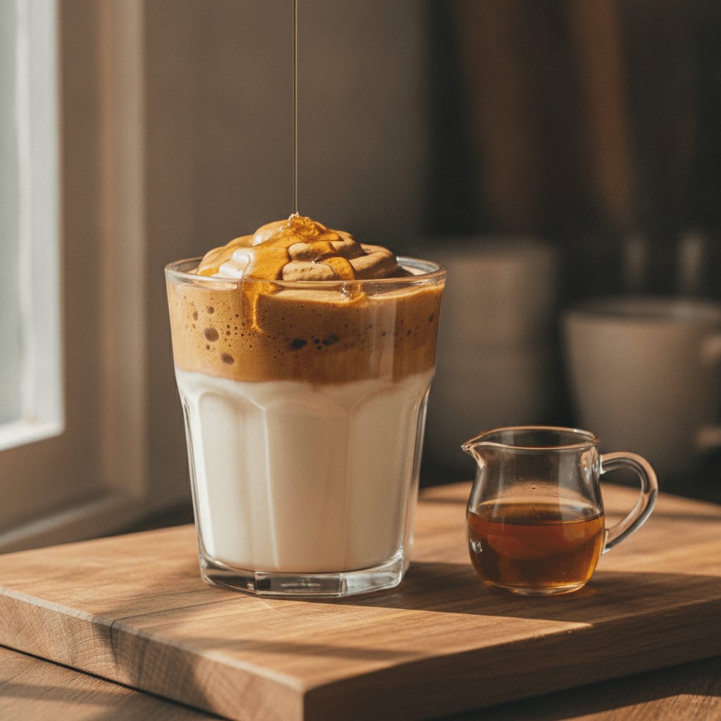 Veganes Dalgona Kaffee Rezept mit Ahornsirup als Süßungsmittel, der cremige Schaum wird auf pflanzlicher Milch serviert.