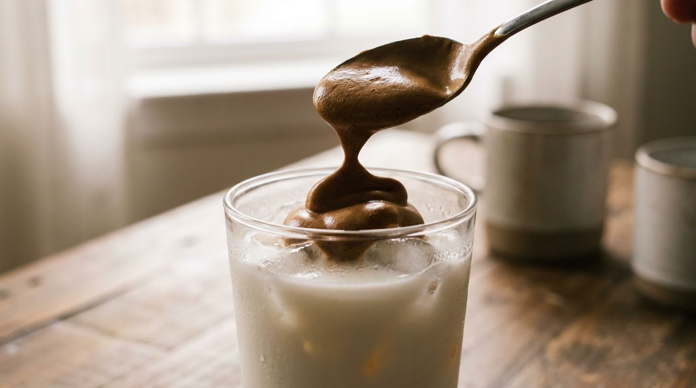 Zubereitung des Dalgona Kaffee Rezepts: Cremiger, aufgeschlagener Kaffeeschaum wird auf ein Glas mit Milch gegossen.
