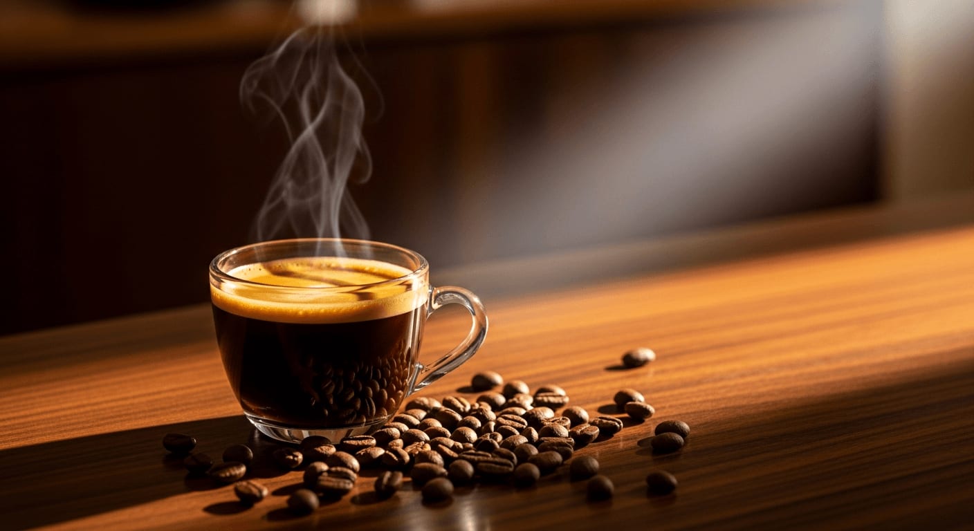 Frisch gebrühter Decaf Kaffee mit goldener Crema in einer Espressotasse auf einem dunklen Holztresen für besten Genuss.