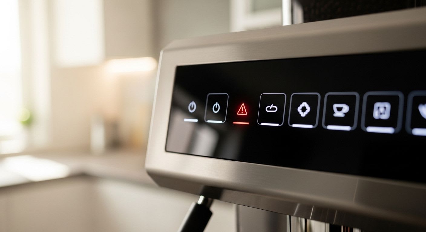 Nahaufnahme des Bedienfelds einer DeLonghi Magnifica, bei dem die Entkalken-Leuchte aufleuchtet, als Hinweis zur Maschinenpflege.