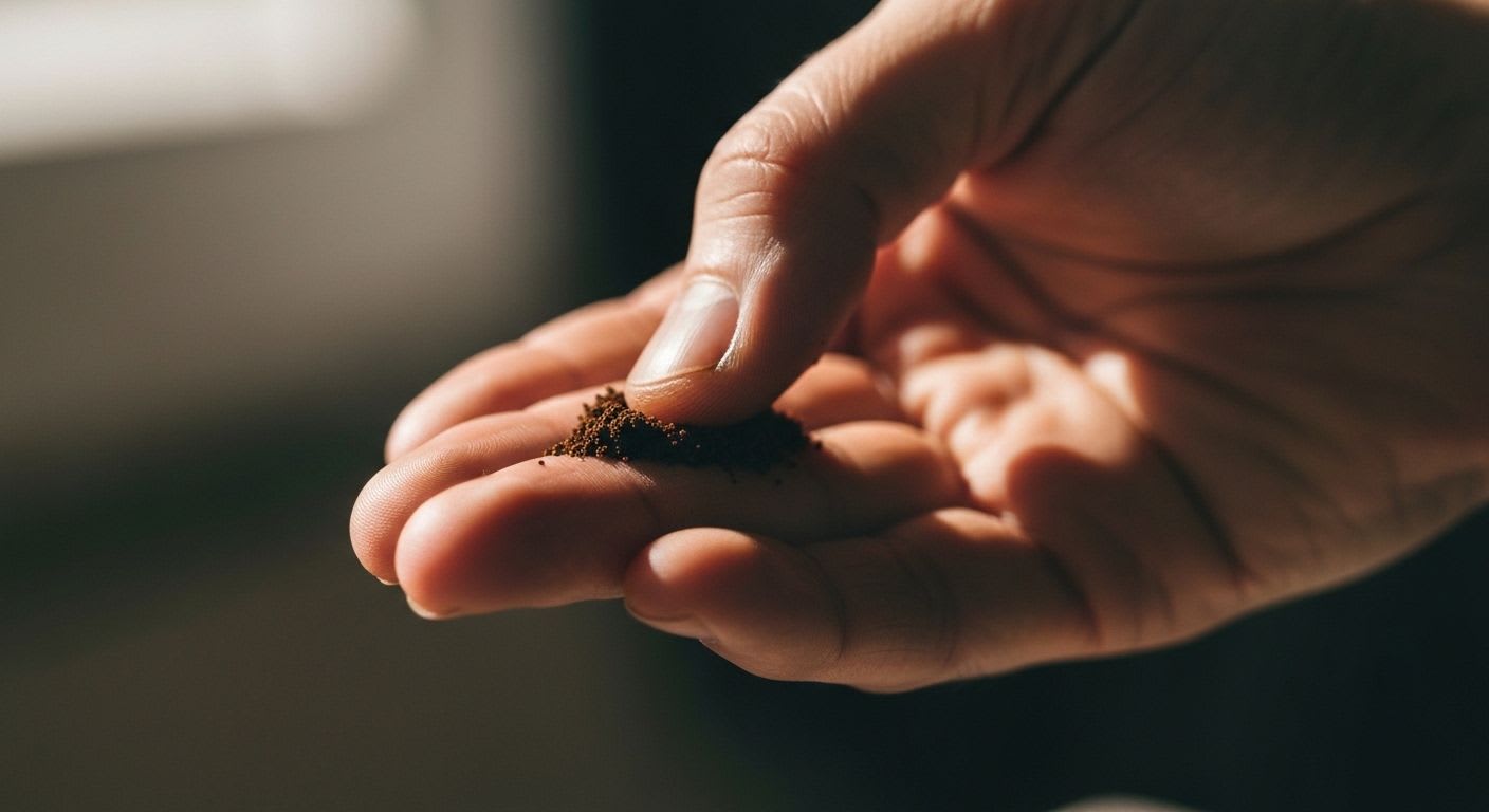 Nahaufnahme einer Hand, die feinen Kaffeemahlgrad zwischen den Fingern prüft, um die ideale Konsistenz für Espresso zu fühlen.