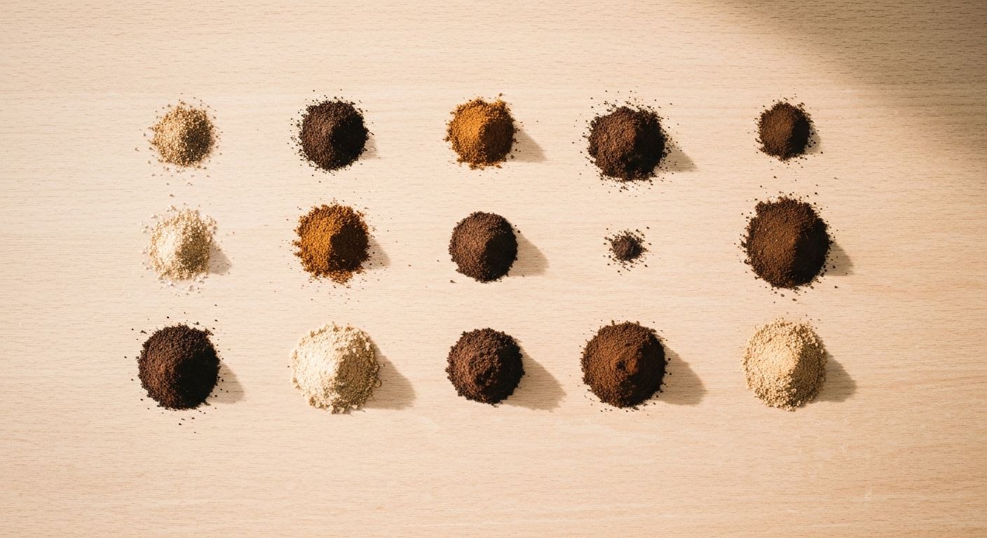Vergleich verschiedener Kaffeemahlgrad-Proben, um die optimale Einstellung durch Experimentieren zu finden und den Mahlgrad zu meistern.