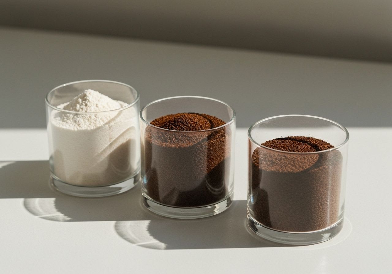 Drei Glasbehälter mit sehr feinem, mittlerem und grobem Kaffeemahlgrad, um die grundlegenden Definitionen für jede Zubereitungsart zu veranschaulichen.