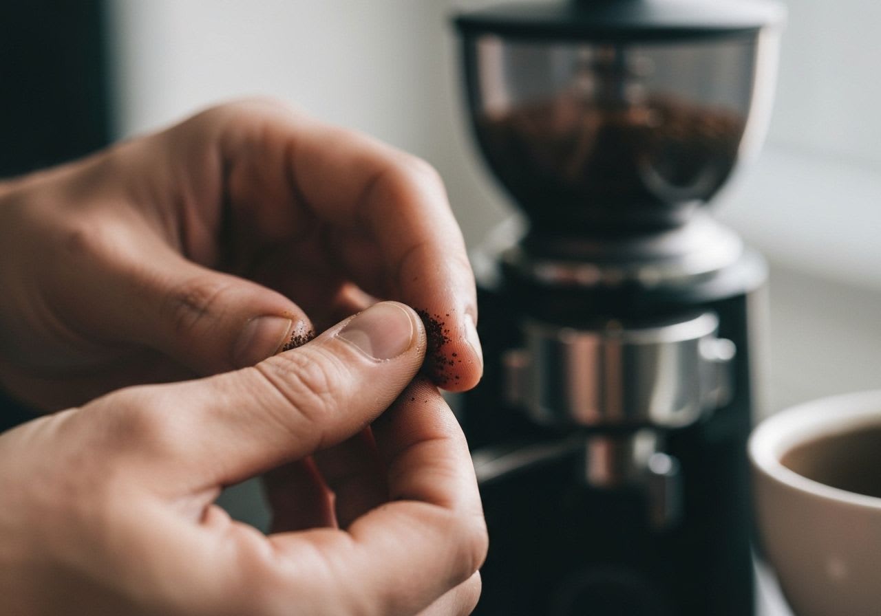 Detailaufnahme von Fingern, die die Konsistenz von gemahlenem Espresso-Kaffee prüfen, um den optimalen Mahlgrad haptisch zu bestimmen.