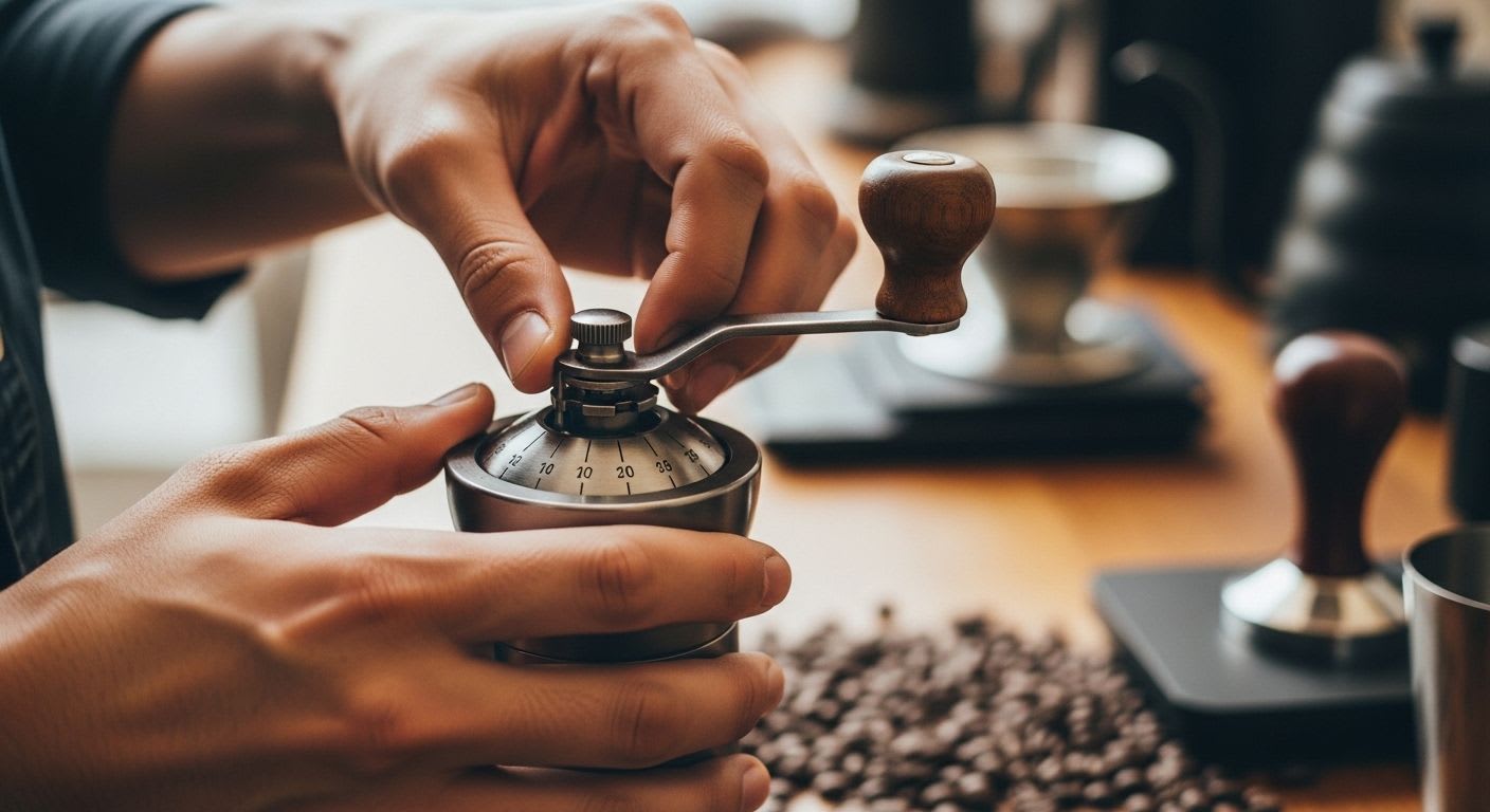 Nahaufnahme von Händen, die den Mahlgrad einer Kaffeemühle präzise einstellen, die ultimative Anleitung für jede Kaffeebohne und Zubereitungsart.