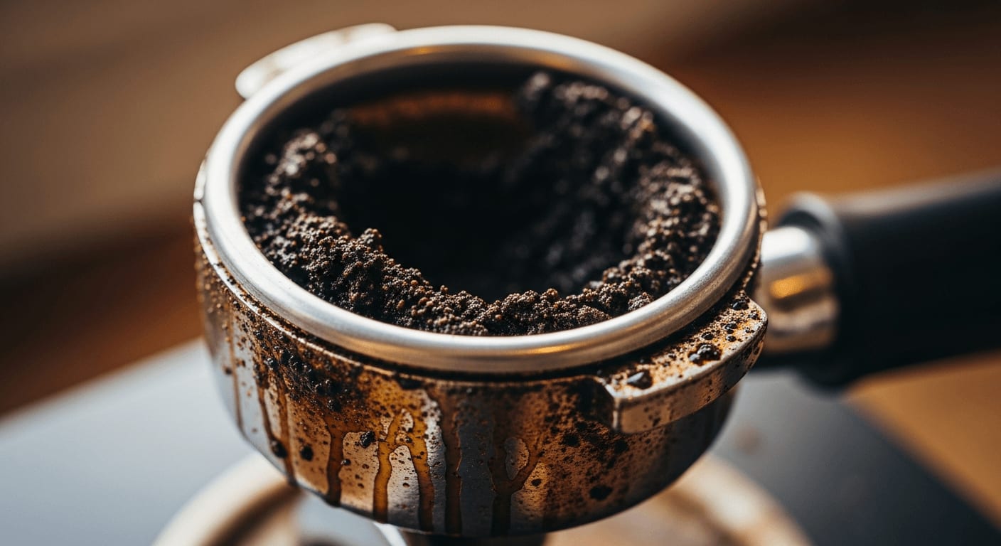 Nahaufnahme eines schmutzigen Siebträgers mit alten Kaffeeresten, was zeigt, warum man den Siebträger reinigen muss.