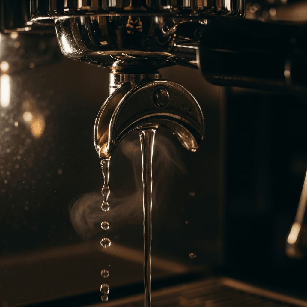 Heißes Wasser spült Reste aus der Brühgruppe der Espressomaschine, ein wichtiger Schritt für Sauberkeit vor dem Shot.