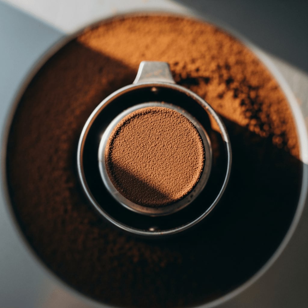 Ein perfekter Espresso-Puck in einer Abschlagbox nach dem Ausklopfen, bereit für den nächsten sauberen Shot.