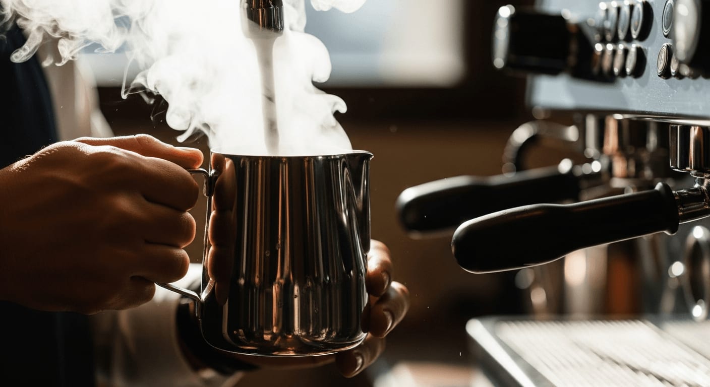 Nahaufnahme eines Barista mit Milchkännchen unter einer Dampfdüse einer Siebträgermaschine, Dampf steigt auf.