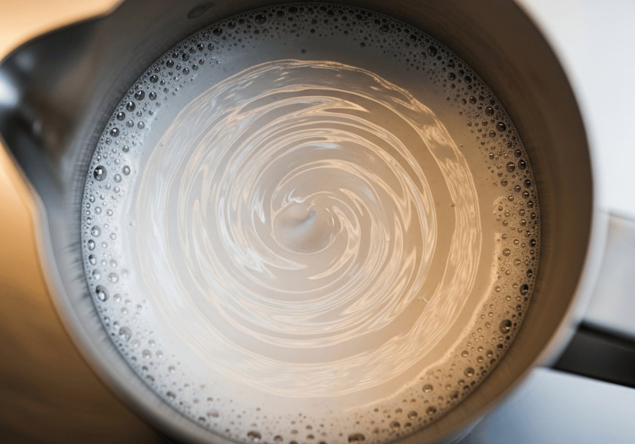 Draufsicht in ein Milchkännchen mit starkem, glattem Wirbeleffekt und glänzendem Mikroschaum.