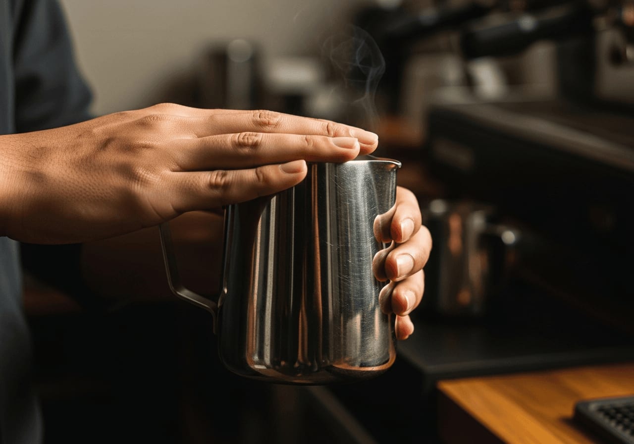 Eine Barista-Hand prüft die Temperatur eines Milchkännchens aus Edelstahl.