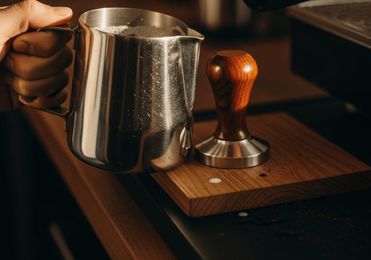 Barista klopft ein Milchkännchen auf eine Holzmatte, um Blasen zu entfernen.