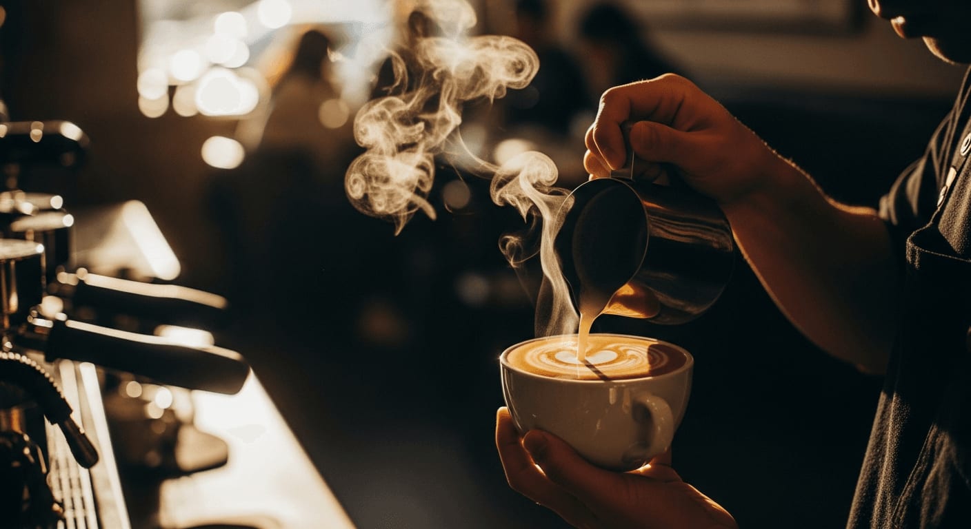 Ein Barista kreiert Latte Art mit perfektem Milchschaum, Dampf steigt auf, warme Café-Beleuchtung.
