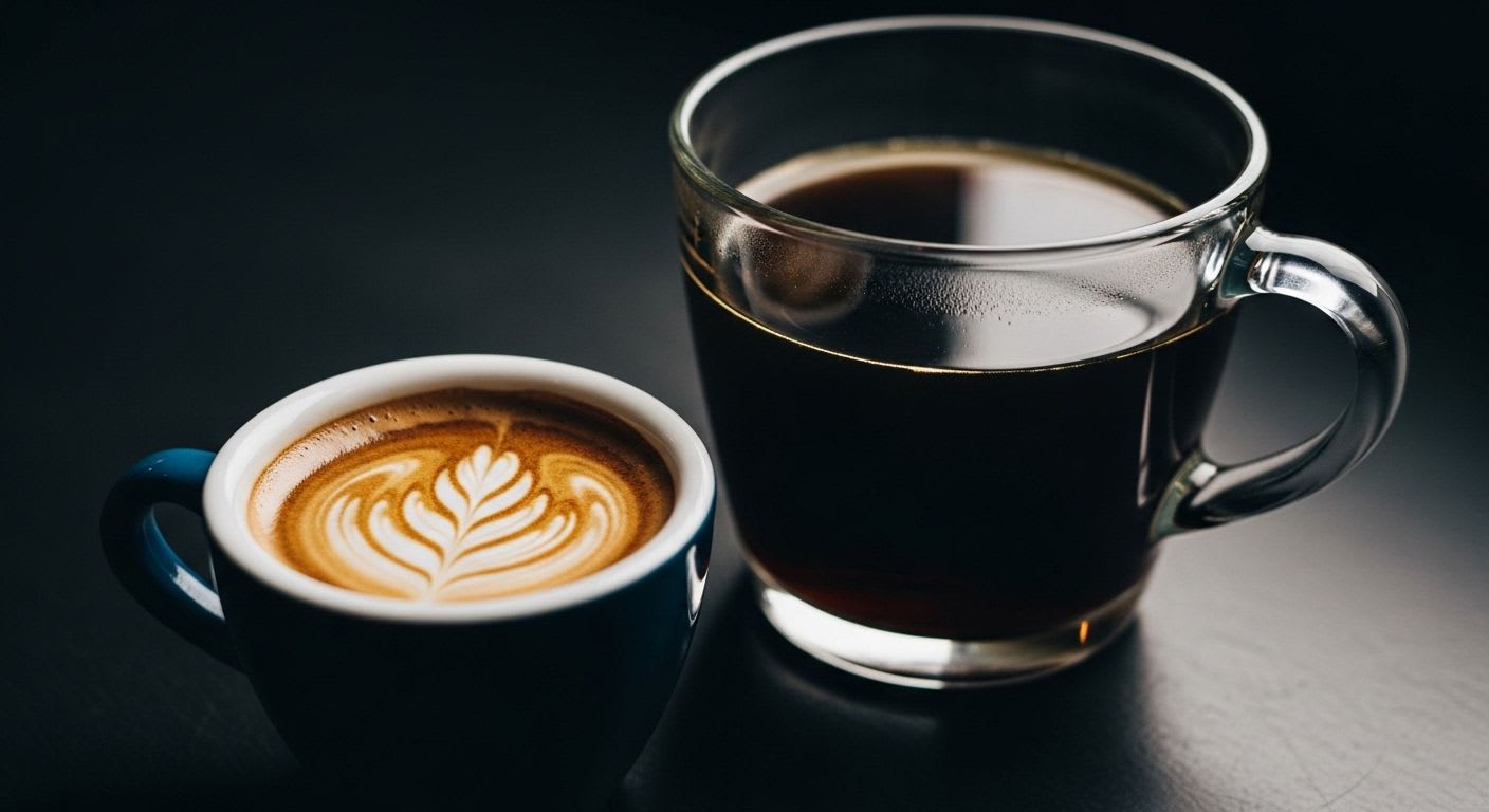 Nahaufnahme eines Espressos mit Crema neben einer Tasse Filterkaffee, um den Koffeingehalt im Vergleich zu zeigen.